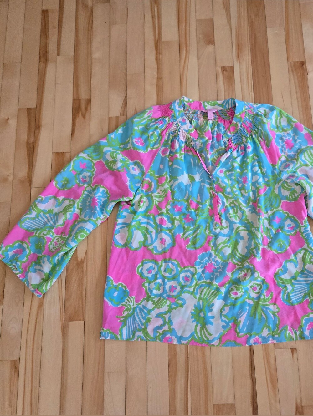 Lilly Pulitzer Pink Green Blue Floral Peasant Blouse XL